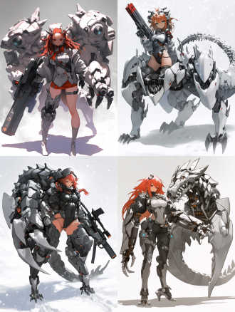 机械龙女，身材火辣，五官精致，重炮手，导弹发射器，全副武装，金属质感，未来科技风格，冷色调，高光影对比，广角镜头，动态模糊，战斗姿态，紧张氛围，科技感，日式动漫风格，细节丰富