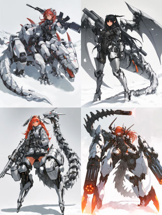 机械龙女，身材火辣，五官精致，重炮手，导弹发射器，全副武装，金属质感，未来科技风格，冷色调，高光影对比，广角镜头，动态模糊，战斗姿态，紧张氛围，科技感，日式动漫风格，细节丰富