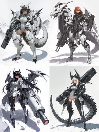 机械龙女，身材火辣，五官精致，重炮手，导弹发射器，全副武装，金属质感，未来科技风格，冷色调，高光影对比，广角镜头，动态模糊，战斗姿态，紧张氛围，科技感，日式动漫风格，细节丰富