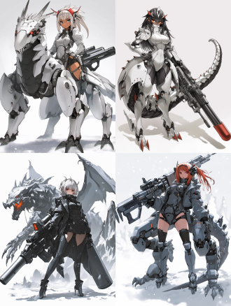 机械龙女，身材火辣，五官精致，重炮手，导弹发射器，全副武装，金属质感，未来科技风格，冷色调，高光影对比，广角镜头，动态模糊，战斗姿态，紧张氛围，科技感，日式动漫风格，细节丰富