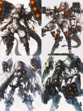 机械龙女，身材火辣，五官精致，重炮手，导弹发射器，全副武装，金属质感，未来科技风格，冷色调，高光影对比，广角镜头，动态模糊，战斗姿态，紧张氛围，科技感，日式动漫风格，细节丰富