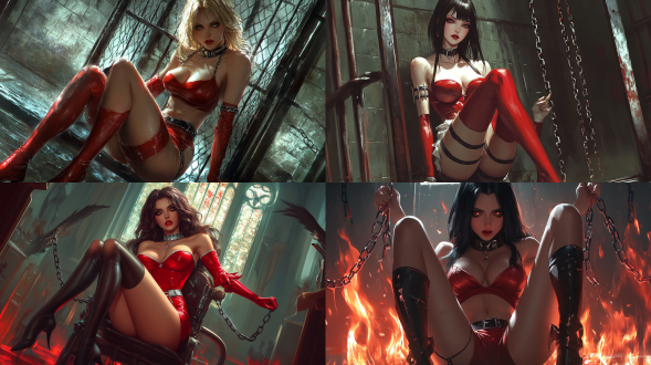 artgerm, anime illustration of female lucifer, with an angry expression, prisoner, collar, chain, prison, long and slender legs, stockings, high heels, 3d on behance, cgsociety, 8k resolution.