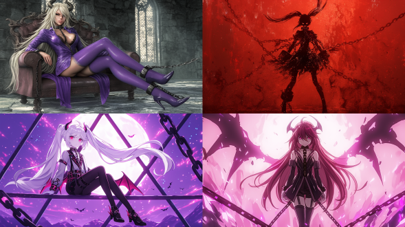 artgerm, anime illustration of female lucifer, with an angry expression, prisoner, collar, chain, prison, long and slender legs, stockings, high heels, 3d on behance, cgsociety, 8k resolution.