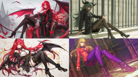 artgerm, anime illustration of female lucifer, with an angry expression, prisoner, collar, chain, prison, long and slender legs, stockings, high heels, 3d on behance, cgsociety, 8k resolution.