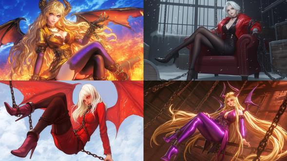 artgerm, anime illustration of female lucifer, with an angry expression, prisoner, collar, chain, prison, long and slender legs, stockings, high heels, 3d on behance, cgsociety, 8k resolution.