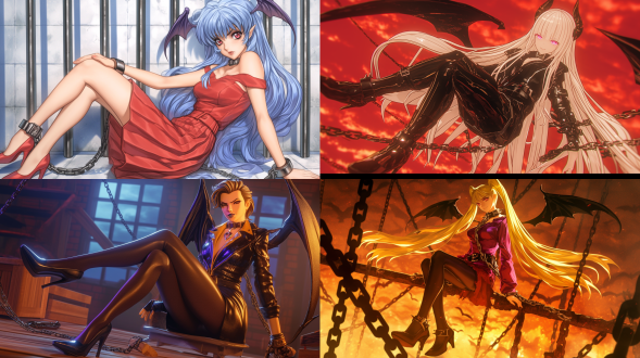 artgerm, anime illustration of female lucifer, with an angry expression, prisoner, collar, chain, prison, long and slender legs, stockings, high heels, 3d on behance, cgsociety, 8k resolution.