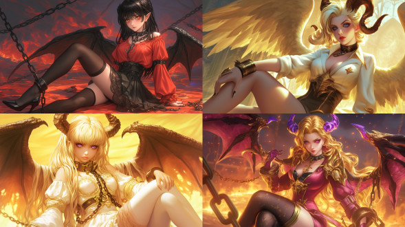 artgerm, anime illustration of female lucifer, with an angry expression, prisoner, collar, chain, prison, long and slender legs, stockings, high heels, 3d on behance, cgsociety, 8k resolution.