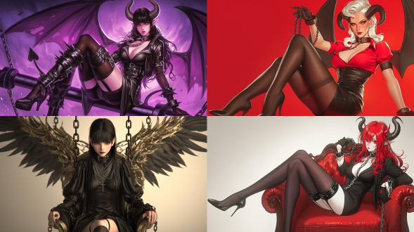 artgerm, anime illustration of female lucifer, with an angry expression, prisoner, collar, chain, prison, long and slender legs, stockings, high heels, 3d on behance, cgsociety, 8k resolution.