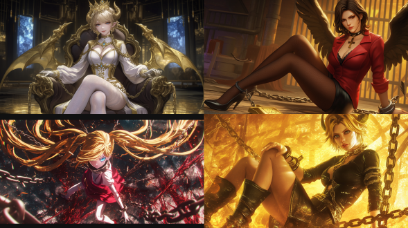 artgerm, anime illustration of female lucifer, with an angry expression, prisoner, collar, chain, prison, long and slender legs, stockings, high heels, 3d on behance, cgsociety, 8k resolution.