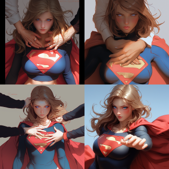 masayoshi suto and artgerm, supergirl, trending on artsy, hands reaching for her, art cover, james jean color palette, statue of the perfect woman, realistic beautiful big eyes, rendered in keyshot, damsel in distress, phil noto comic art