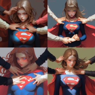 masayoshi suto and artgerm, supergirl, trending on artsy, hands reaching for her, art cover, james jean color palette, statue of the perfect woman, realistic beautiful big eyes, rendered in keyshot, damsel in distress, phil noto comic art
