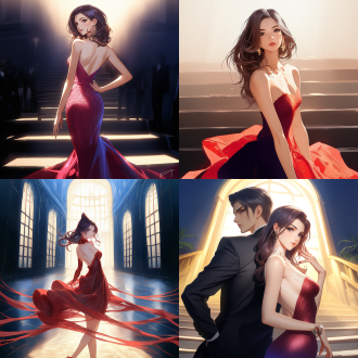 elegant red dress, rossdraws global illumination, red carpet photo, half-body, epic fantasty card game art, profile picture 1024px, rendering of beauty pageant, charming gown, handsome and elegant, train station background, beautiful avatar pictures, very beautiful and elegant