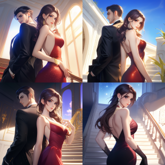 elegant red dress, rossdraws global illumination, red carpet photo, half-body, epic fantasty card game art, profile picture 1024px, rendering of beauty pageant, charming gown, handsome and elegant, train station background, beautiful avatar pictures, very beautiful and elegant