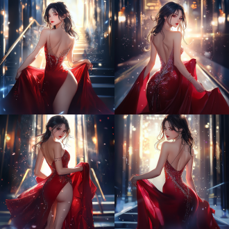 elegant red dress, rossdraws global illumination, red carpet photo, half-body, epic fantasty card game art, profile picture 1024px, rendering of beauty pageant, charming gown, handsome and elegant, train station background, beautiful avatar pictures, very beautiful and elegant