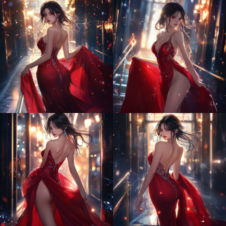 elegant red dress, rossdraws global illumination, red carpet photo, half-body, epic fantasty card game art, profile picture 1024px, rendering of beauty pageant, charming gown, handsome and elegant, train station background, beautiful avatar pictures, very beautiful and elegant