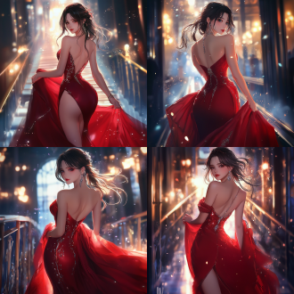 elegant red dress, rossdraws global illumination, red carpet photo, half-body, epic fantasty card game art, profile picture 1024px, rendering of beauty pageant, charming gown, handsome and elegant, train station background, beautiful avatar pictures, very beautiful and elegant