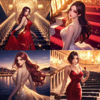 elegant dress, rossdraws global illumination, carpet photo, half-body, epic fantasty card game art, profile picture 1024px, rendering of beauty pageant, charming gown, party background, beautiful avatar pictures, very beautiful and elegant，perfect body，anime girl, photorealistc, sparkling jewelry,full photo, in rich color, semi-transparent, at the party