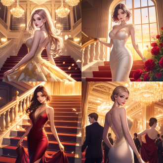 elegant dress, rossdraws global illumination, carpet photo, half-body, epic fantasty card game art, profile picture 1024px, rendering of beauty pageant, charming gown, party background, beautiful avatar pictures, very beautiful and elegant，perfect body，anime girl, photorealistc, sparkling jewelry,full photo, in rich color, semi-transparent, at the party