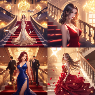 elegant dress, rossdraws global illumination, carpet photo, half-body, epic fantasty card game art, profile picture 1024px, rendering of beauty pageant, charming gown, party background, beautiful avatar pictures, very beautiful and elegant，perfect body，anime girl, photorealistc, sparkling jewelry,full photo, in rich color, semi-transparent, at the party