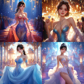 elegant dress, rossdraws global illumination, carpet photo, full-body, front view，epic fantasty card game art, profile picture 1024px, rendering of beauty pageant, charming gown, party background, beautiful avatar pictures, very beautiful and elegant，perfect body，anime girl, photorealistc, sparkling jewelry,full photo, in rich color, at the party