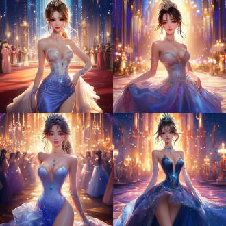 elegant dress, rossdraws global illumination, carpet photo, full-body, front view，epic fantasty card game art, profile picture 1024px, rendering of beauty pageant, charming gown, party background, beautiful avatar pictures, very beautiful and elegant，perfect body，anime girl, photorealistc, sparkling jewelry,full photo, in rich color, at the party