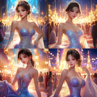 elegant dress, rossdraws global illumination, carpet photo, full-body, front view，epic fantasty card game art, profile picture 1024px, rendering of beauty pageant, charming gown, party background, beautiful avatar pictures, very beautiful and elegant，perfect body，anime girl, photorealistc, sparkling jewelry,full photo, in rich color, at the party