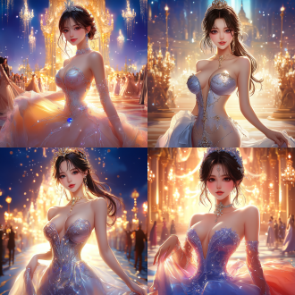 elegant dress, rossdraws global illumination, carpet photo, full-body, front view，epic fantasty card game art, profile picture 1024px, rendering of beauty pageant, charming gown, party background, beautiful avatar pictures, very beautiful and elegant，perfect body，anime girl, photorealistc, sparkling jewelry,full photo, in rich color, at the party
