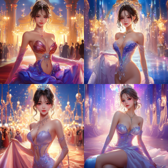elegant dress, rossdraws global illumination, carpet photo, full-body, front view，epic fantasty card game art, profile picture 1024px, rendering of beauty pageant, charming gown, party background, beautiful avatar pictures, very beautiful and elegant，perfect body，anime girl, photorealistc, sparkling jewelry,full photo, in rich color, at the party