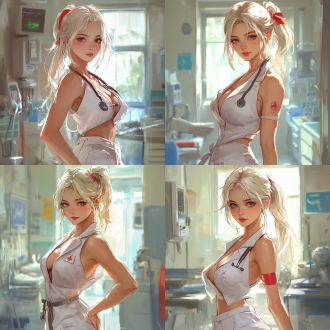 护士全身照，火辣身材，精致五官，医疗环境，广角镜头，自然光，专业姿态，医疗器械，白色调，专注表情，日式动漫风格，赛璐璐风格