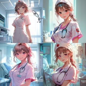 护士全身照，火辣身材，精致五官，医疗环境，广角镜头，自然光，专业姿态，医疗器械，白色调，专注表情，日式动漫风格，赛璐璐风格，高光影对比，细腻线条，柔和色彩，动态姿势，专业氛围。