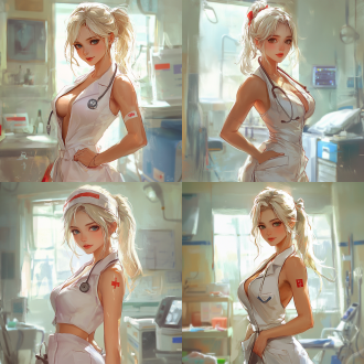 护士全身照，火辣身材，精致五官，医疗环境，广角镜头，自然光，专业姿态，医疗器械，白色调，专注表情，日式动漫风格，赛璐璐风格