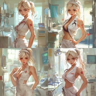 护士全身照，火辣身材，精致五官，医疗环境，广角镜头，自然光，专业姿态，医疗器械，白色调，专注表情，日式动漫风格，赛璐璐风格