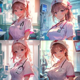 护士全身照，火辣身材，精致五官，医疗环境，广角镜头，自然光，专业姿态，医疗器械，白色调，专注表情，日式动漫风格，赛璐璐风格，高光影对比，细腻线条，柔和色彩，动态姿势，专业氛围。