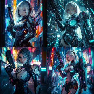 one girl, short hair, masterpiece, bright blue eyes, perfect body，hot figure，left hand holding a gun，cybernetic armor, heavy sci-fi armor, right hand holding a heavy shield, futuristic shield, large shield, mecha, power armor, megacity, night, neon lighting, neon lights, neon trim, best quality