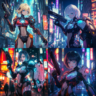 one girl, short hair, masterpiece, bright blue eyes, perfect body，hot figure，left hand holding a gun，cybernetic armor, heavy sci-fi armor, right hand holding a heavy shield, futuristic shield, large shield, mecha, power armor, megacity, night, neon lighting, neon lights, neon trim, best quality