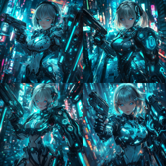 one girl, short hair, masterpiece, bright blue eyes, perfect body，hot figure，left hand holding a gun，cybernetic armor, heavy sci-fi armor, right hand holding a heavy shield, futuristic shield, large shield, mecha, power armor, megacity, night, neon lighting, neon lights, neon trim, best quality