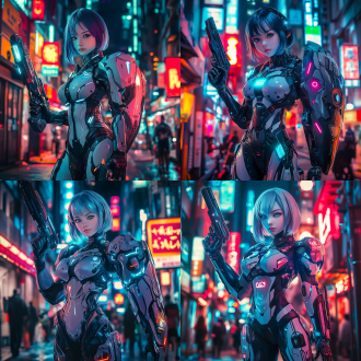 one girl, short hair, masterpiece, bright blue eyes, perfect body，hot figure，left hand holding a gun，cybernetic armor, heavy sci-fi armor, right hand holding a heavy shield, futuristic shield, large shield, mecha, power armor, megacity, night, neon lighting, neon lights, neon trim, best quality