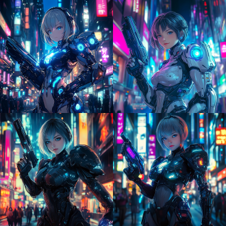 one girl, short hair, masterpiece, bright blue eyes, perfect body，hot figure，left hand holding a gun，cybernetic armor, heavy sci-fi armor, right hand holding a heavy shield, futuristic shield, huge riot shield, mecha, power armor, megacity, night, neon lighting, neon lights, neon trim, best quality