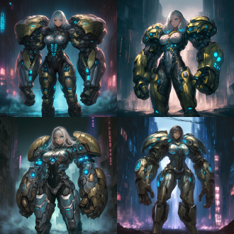 one girl, short hair, masterpiece, bright blue eyes, perfect body，hot figure，left hand holding a gun，cybernetic armor, heavy sci-fi armor, right hand holding a heavy shield, futuristic shield, huge riot shield, mecha, power armor, megacity, night, neon lighting, neon lights, neon trim, best quality