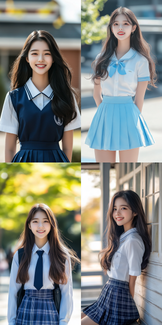 韩国学生妹，校园背景，清新自然，制服裙，微笑表情，长发飘逸，中景镜头，柔和光线，青春活力，蓝白配色，愉悦心情。