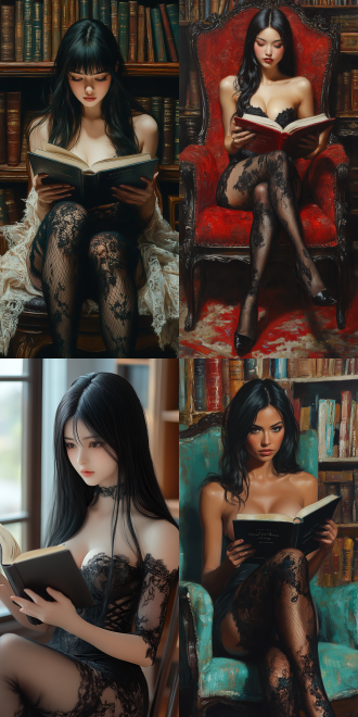 纯乖巧美女。头发黑长直。大长腿，在图书馆看书，湿润感，黑色丝袜，蕾丝，亚洲女孩，