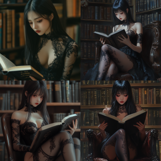 纯乖巧美女。头发黑长直。大长腿，在图书馆看书，湿润感，黑色丝袜，蕾丝，亚洲女孩，