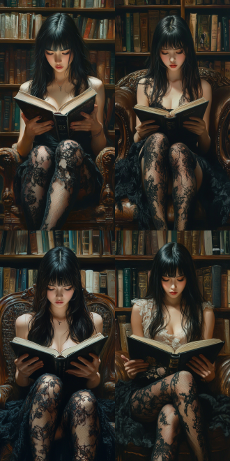 纯乖巧美女。头发黑长直。大长腿，在图书馆看书，湿润感，黑色丝袜，蕾丝，亚洲女孩，