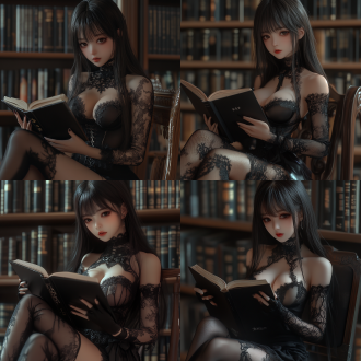 纯乖巧美女。头发黑长直。大长腿，在图书馆看书，湿润感，黑色丝袜，蕾丝，亚洲女孩，