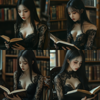 纯乖巧美女。头发黑长直。大长腿，在图书馆看书，湿润感，黑色丝袜，蕾丝，亚洲女孩，