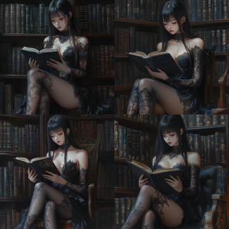 纯乖巧美女。头发黑长直。大长腿，在图书馆看书，湿润感，黑色丝袜，蕾丝，亚洲女孩，