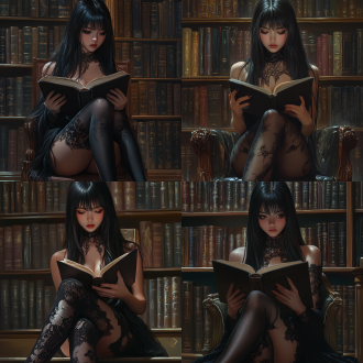 纯乖巧美女。头发黑长直。大长腿，在图书馆看书，湿润感，黑色丝袜，蕾丝，亚洲女孩，