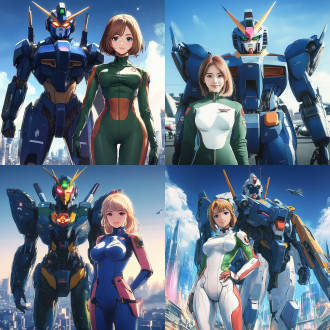 高达与女驾驶员，并肩站立，女驾驶员身材火辣，身穿紧身驾驶服，面带自信微笑，高达金属质感强烈，背景为未来科技感城市，构图对称，高光与阴影对比鲜明，广角镜头，冷色调，前侧光，动态稳定，力量感，科技感。