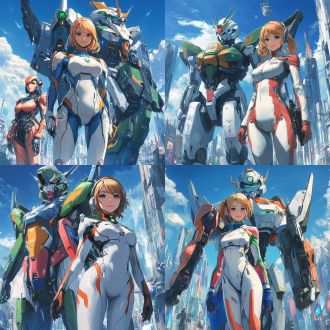 高达与女驾驶员，并肩站立，女驾驶员身材火辣，身穿紧身驾驶服，面带自信微笑，高达金属质感强烈，背景为未来科技感城市，构图对称，高光与阴影对比鲜明，广角镜头，冷色调，前侧光，动态稳定，力量感，科技感。