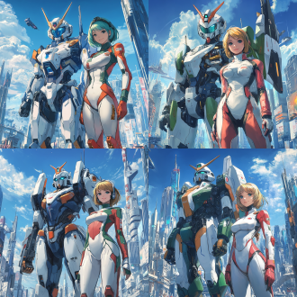 高达与女驾驶员，并肩站立，女驾驶员身材火辣，身穿紧身驾驶服，面带自信微笑，高达金属质感强烈，背景为未来科技感城市，构图对称，高光与阴影对比鲜明，广角镜头，冷色调，前侧光，动态稳定，力量感，科技感。